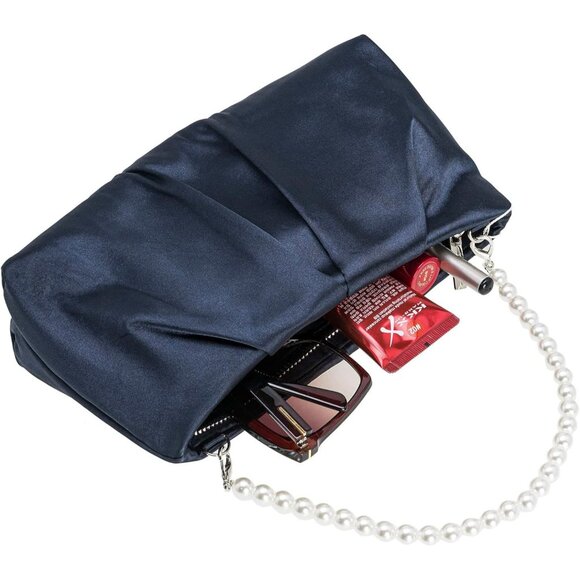 ⚡ Women\'s Blue Formal Pleated Satin Fabric Zipper Closure Clutch Bag